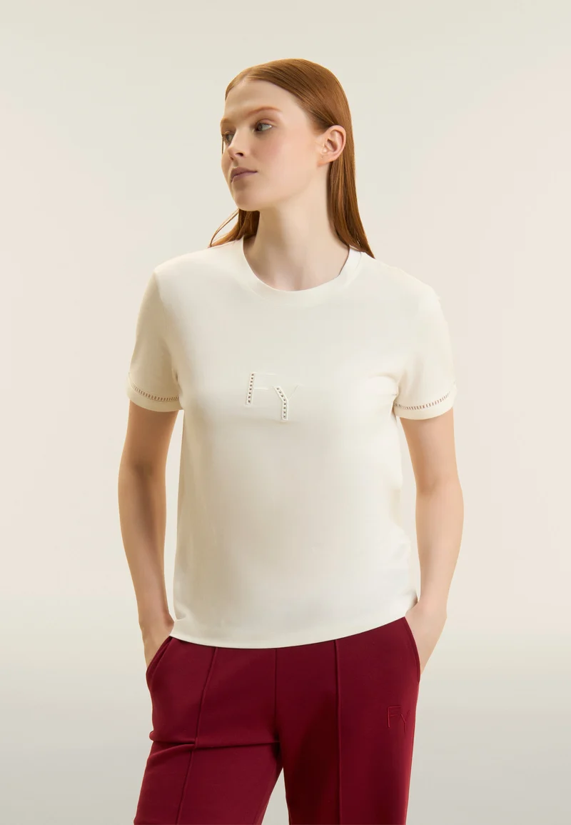 Crew neck t-shirt with perforated logo embroidery - Egret White