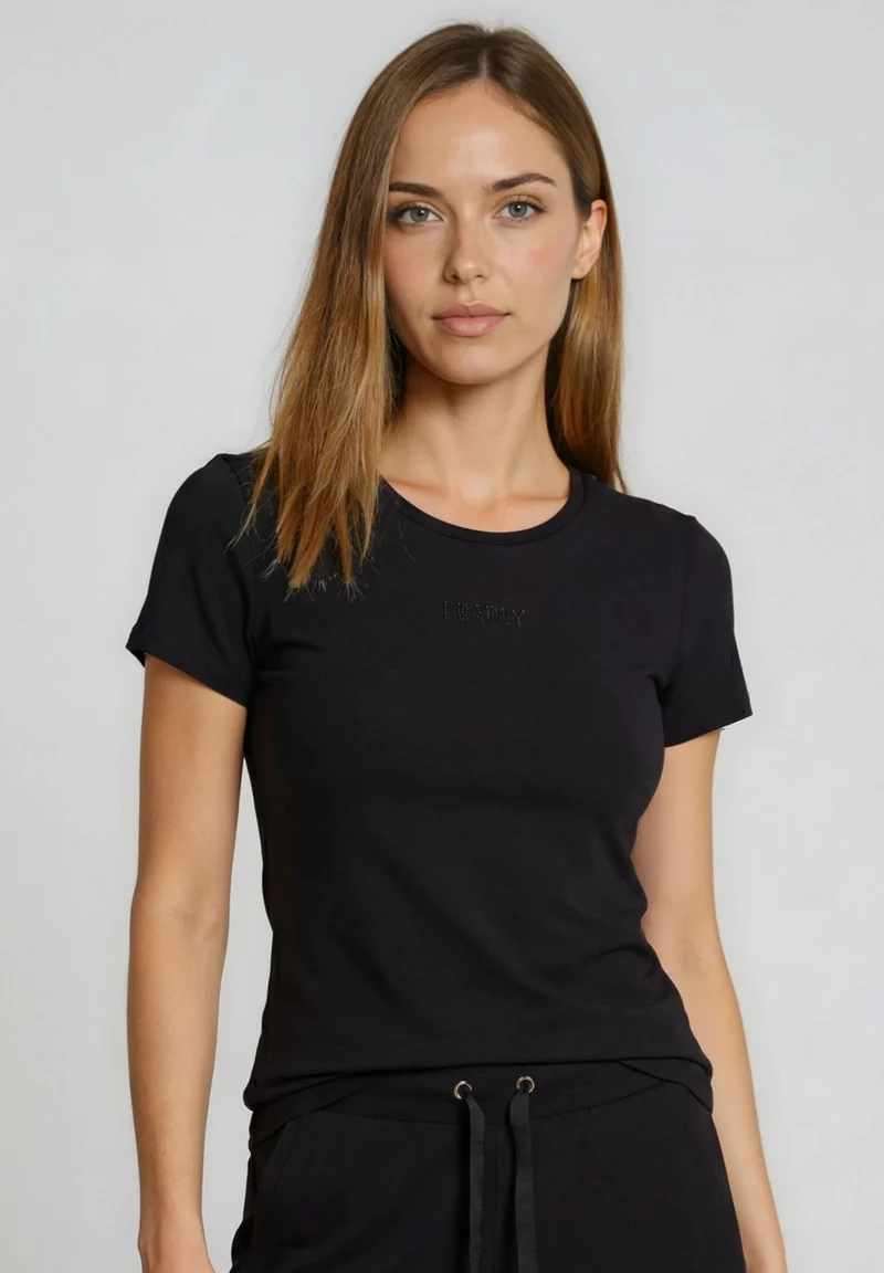 Short sleeve t-shirt with cut out detail and rhinestones - Black