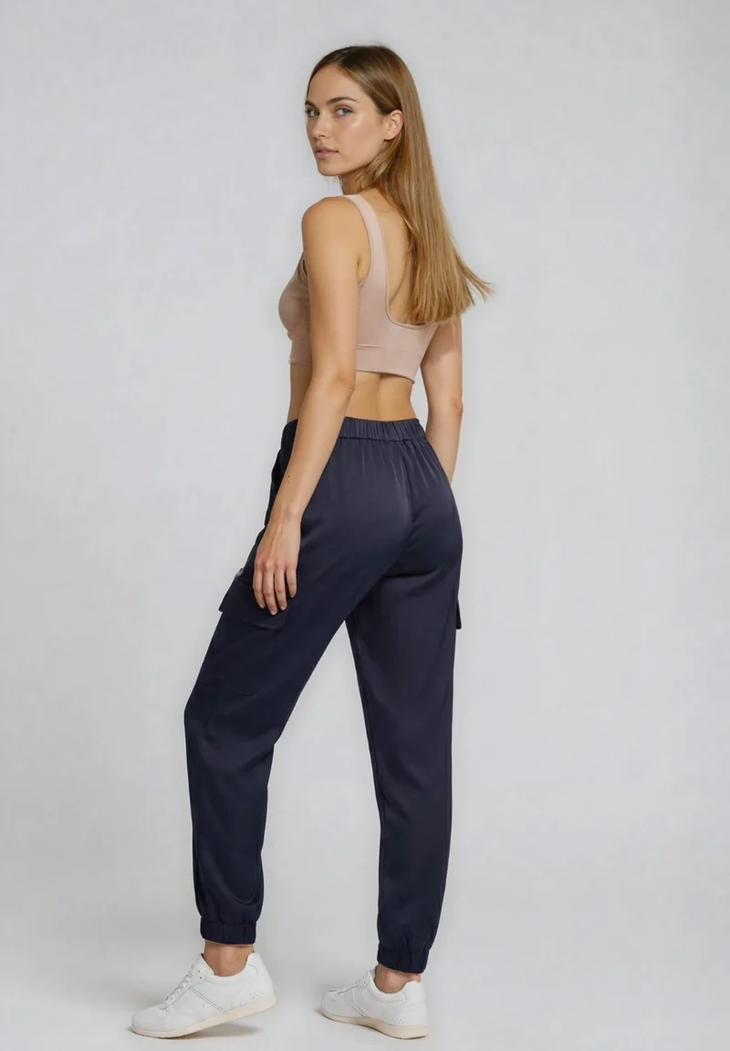 Silk-effect cargo trousers with elasticated bottom - Dark Sapphire Blue