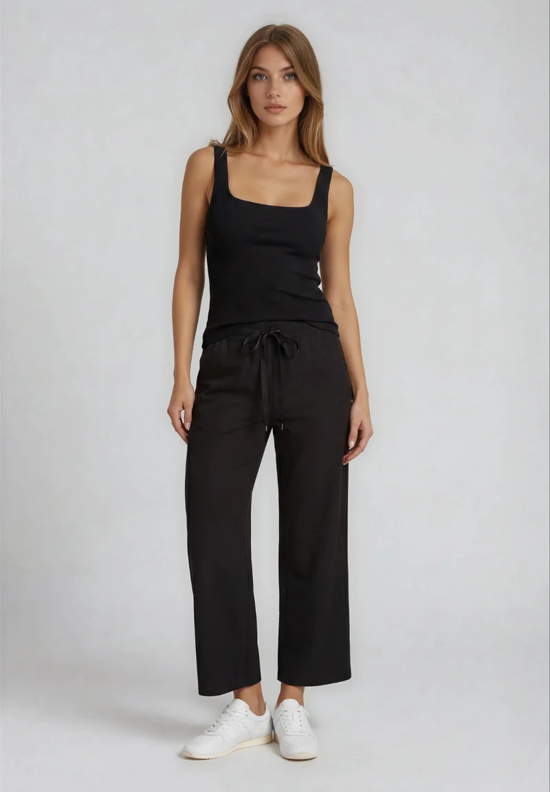 Cropped athletic trousers with wide leg and rhinestones - Black