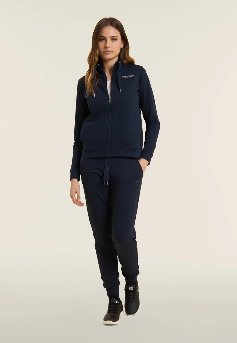 Athletic trousers with ribbed cuffs and rhinestones - Dark Sapphire Blue