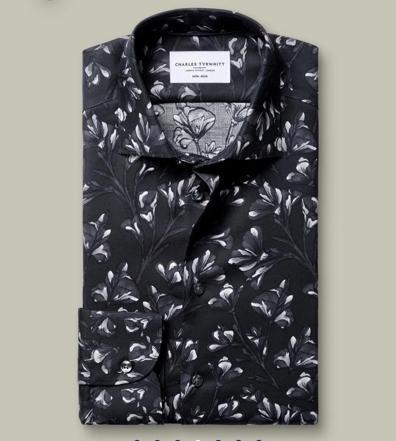 Non-Iron Stretch Floral Print Slim Fit Shirt – Black