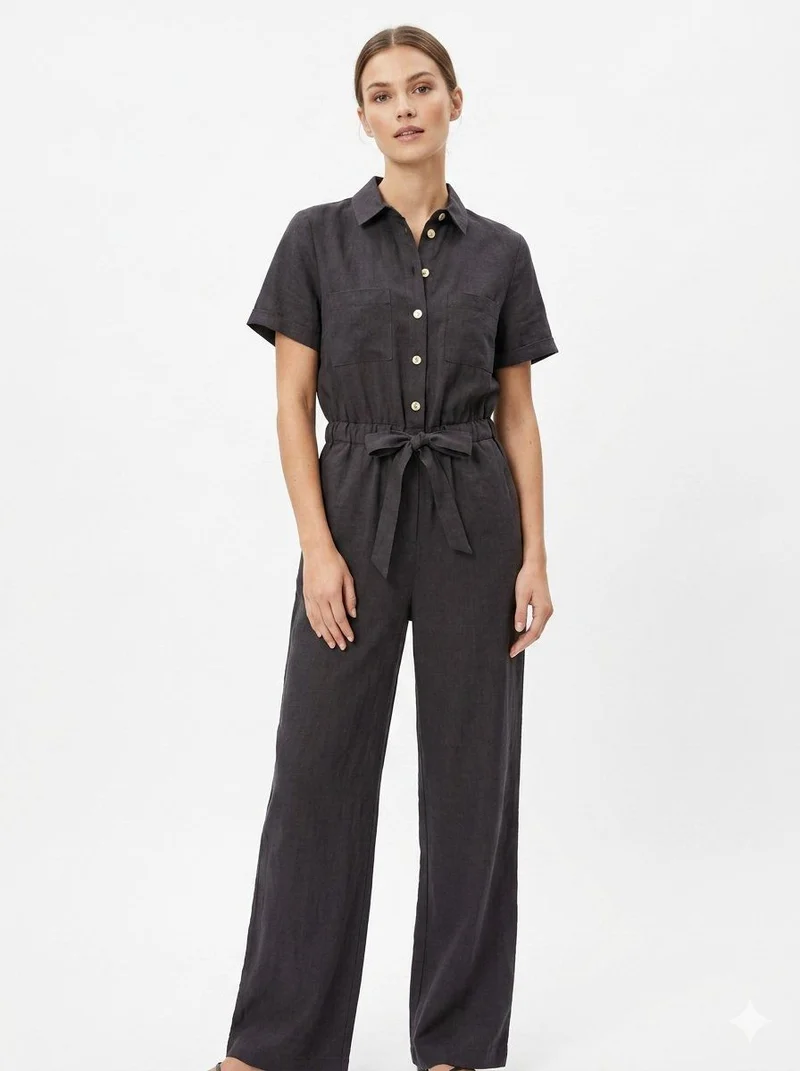 Short Sleeve Linen Blend Wash Black Jumpsuit