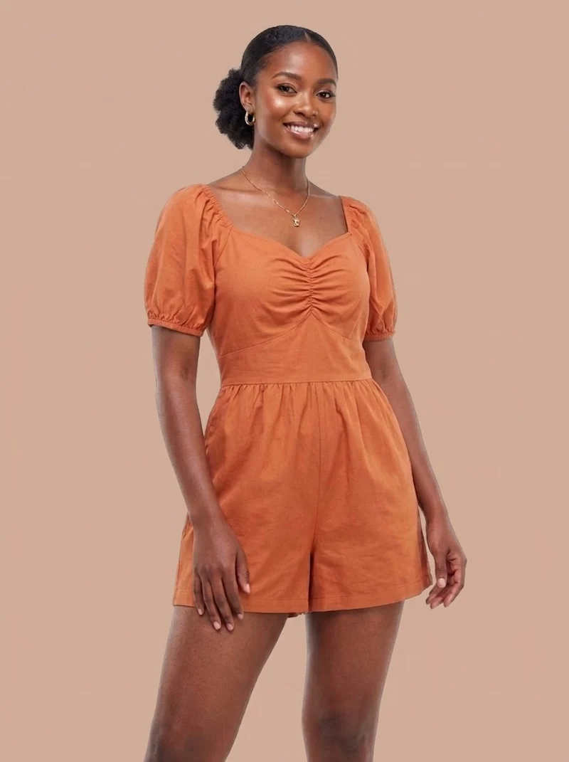 Terracotta / Rust Tie Back Puff Sleeve Playsuit