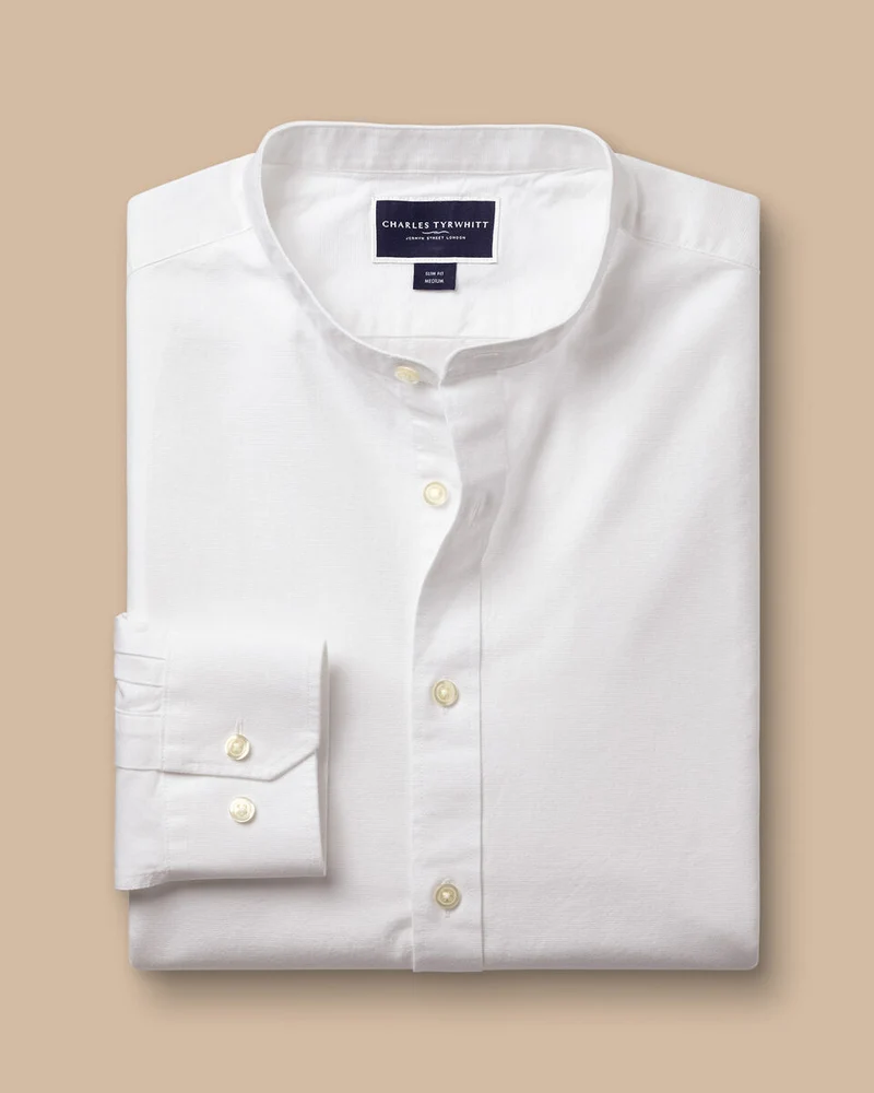 Collarless Cotton Linen Slim Fit Shirt White