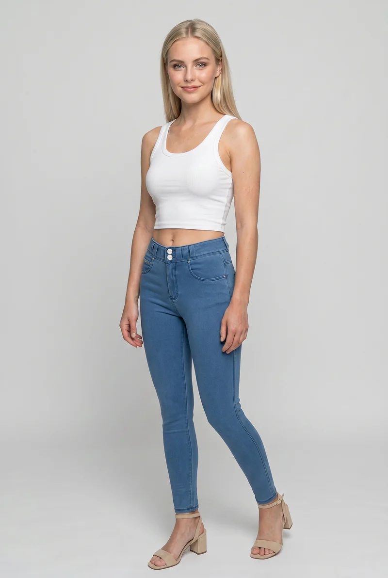 N.O.W. Comfort Mid Waist Skinny Denim Jeans - Denim Light Blue - Blue Seam