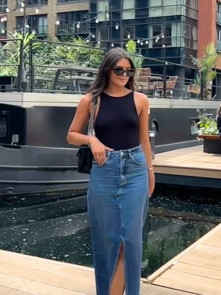 High Waisted Denim Maxi Skirt