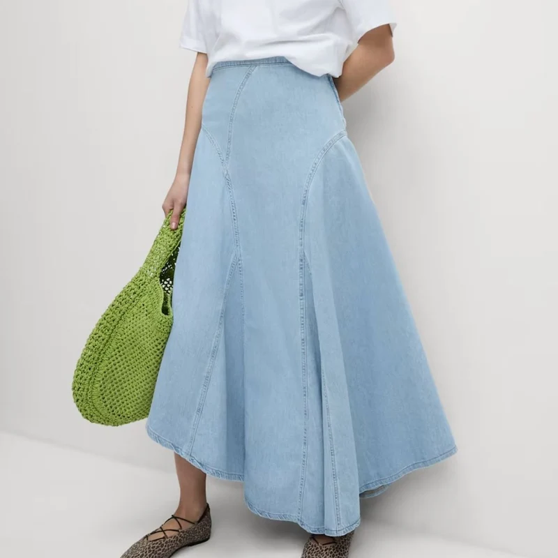 Denim High Waisted Maxi Asymmetric Skirt