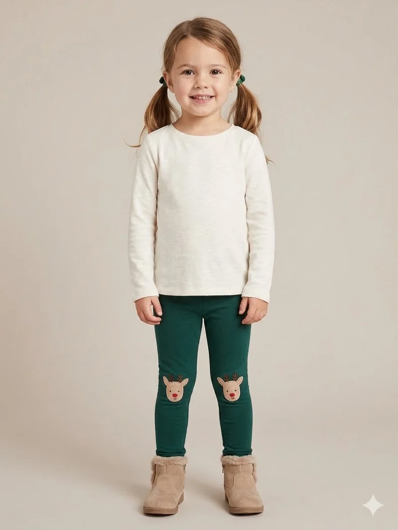 Momi Girls' Winter Reindeer Knee Patch Leggings