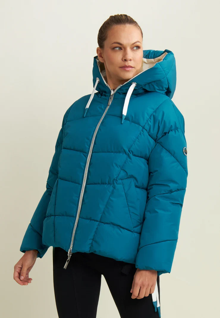 Women's reversible down jacket with adjustable hood - Turquoise & White