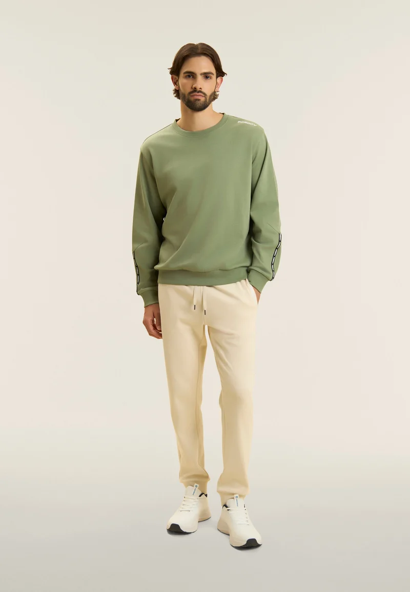 Cotton crew neck sweatshirt with logo insert on sleeves - Hedge Green
