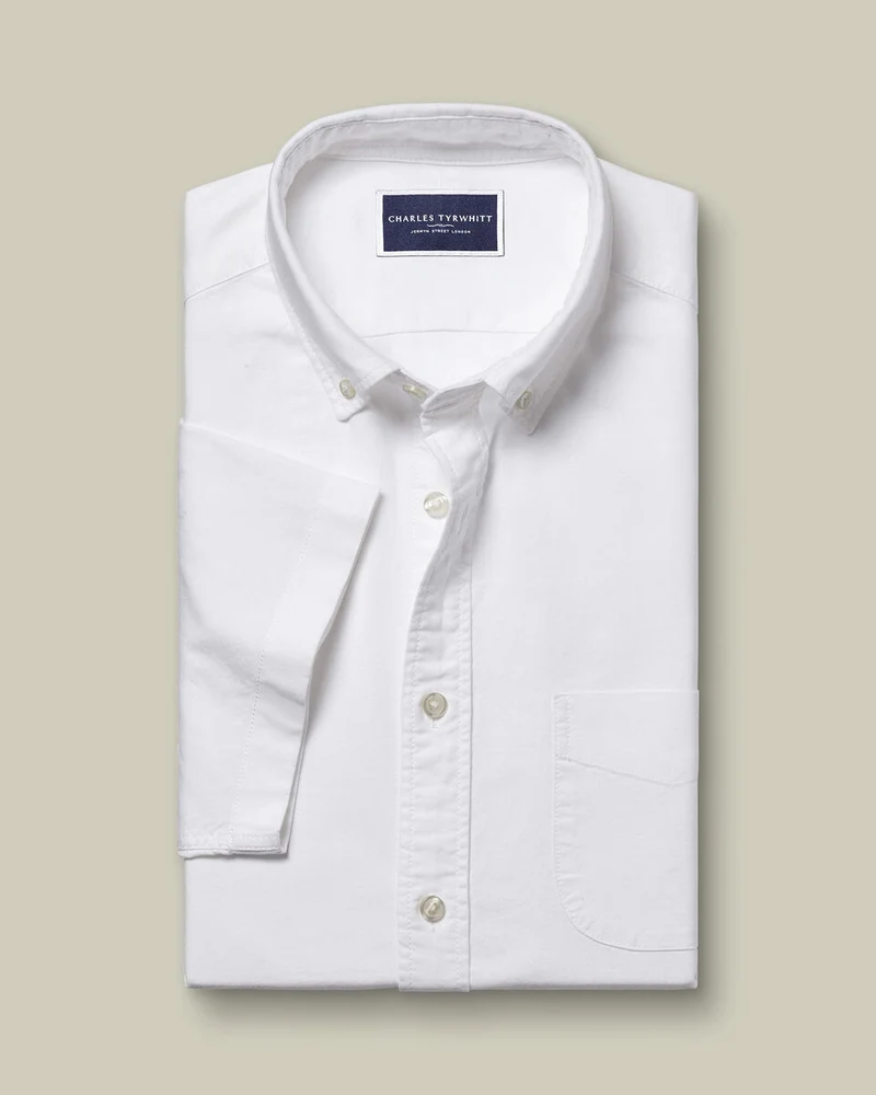 Washed Oxford Short Sleeve Slim Fit Shirt - White