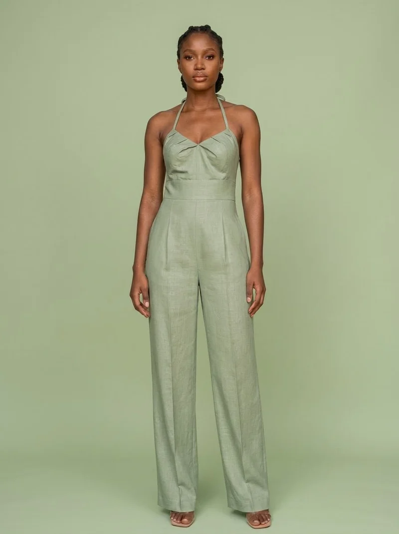 Trendyol Linen Halter Neck Jumpsuit With Beaded Back Detail