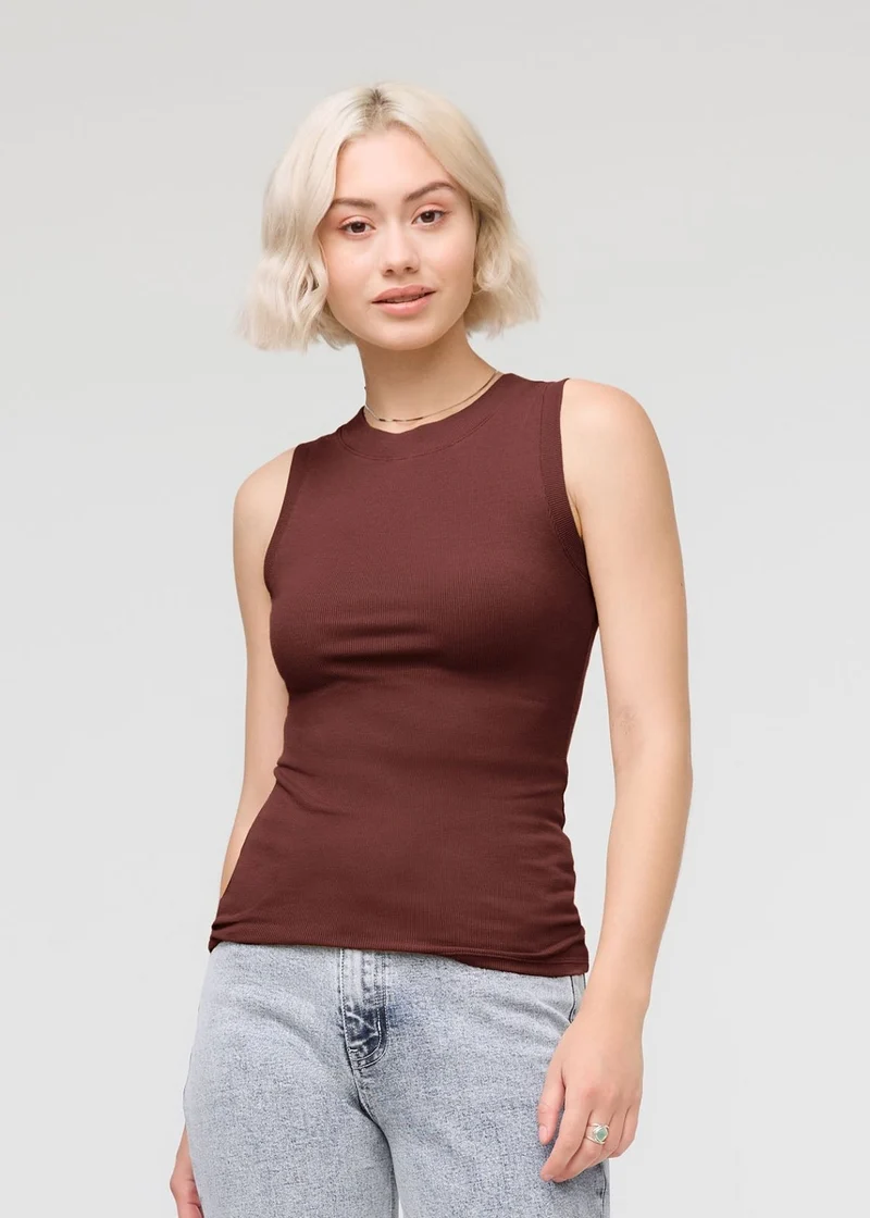 Ribbed Pima High Neck Tank - Rich Maroon