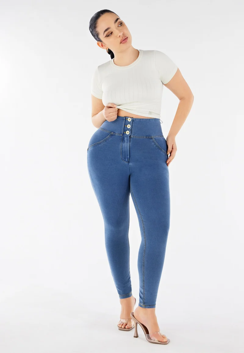WR.UP Curvy Push-Up Button High Waist Skinny Denim Jeans - Denim Light Blue - Yellow Seam