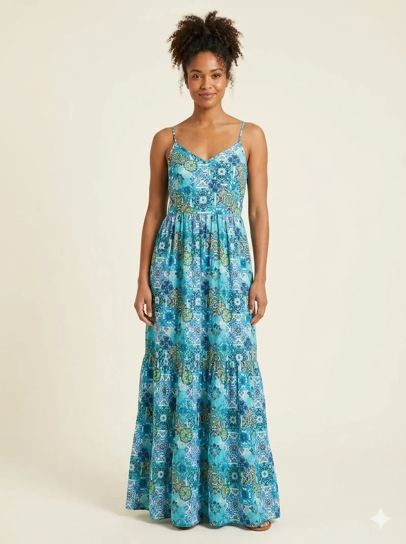 Blue Tile-Print Tiered Maxi Dress