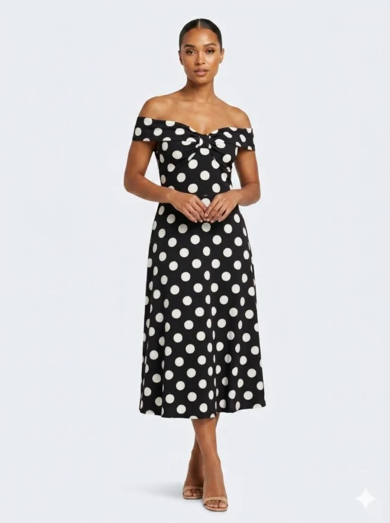 Black Polka Dot Twist Front Midi Dress