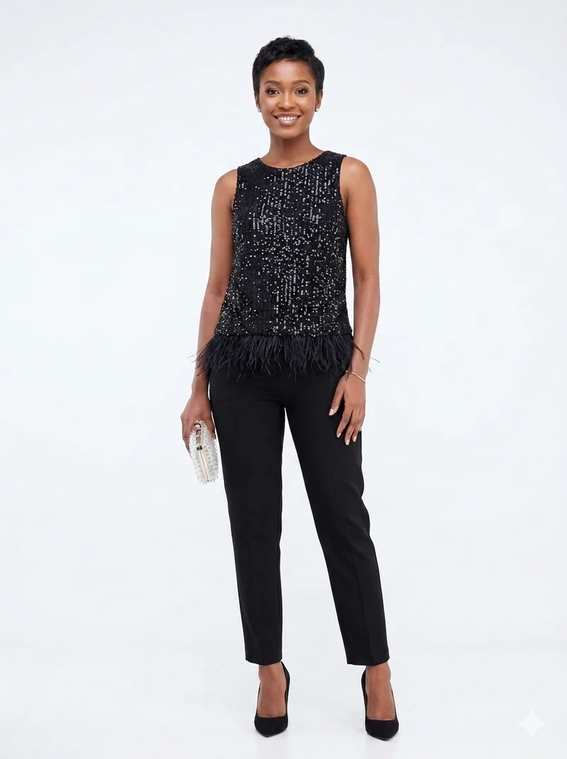 Women Sleeveless Sequin Top With Feather Trim Hem