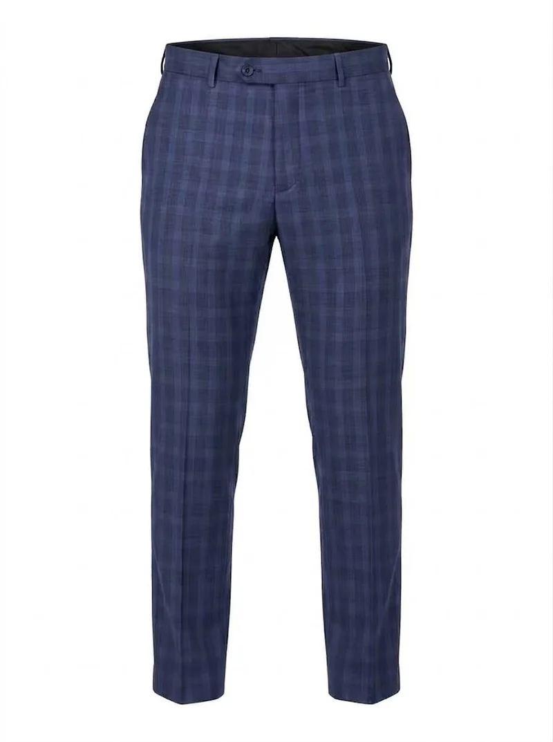 Premium Tailored Plaid Suit Pants - Navy Blue