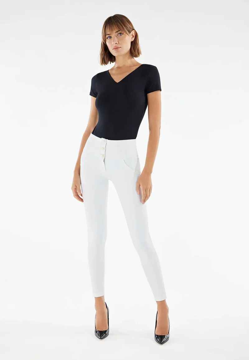 WR.UP Push-Up Button High Waist Skinny Vegan Leather Pant - White