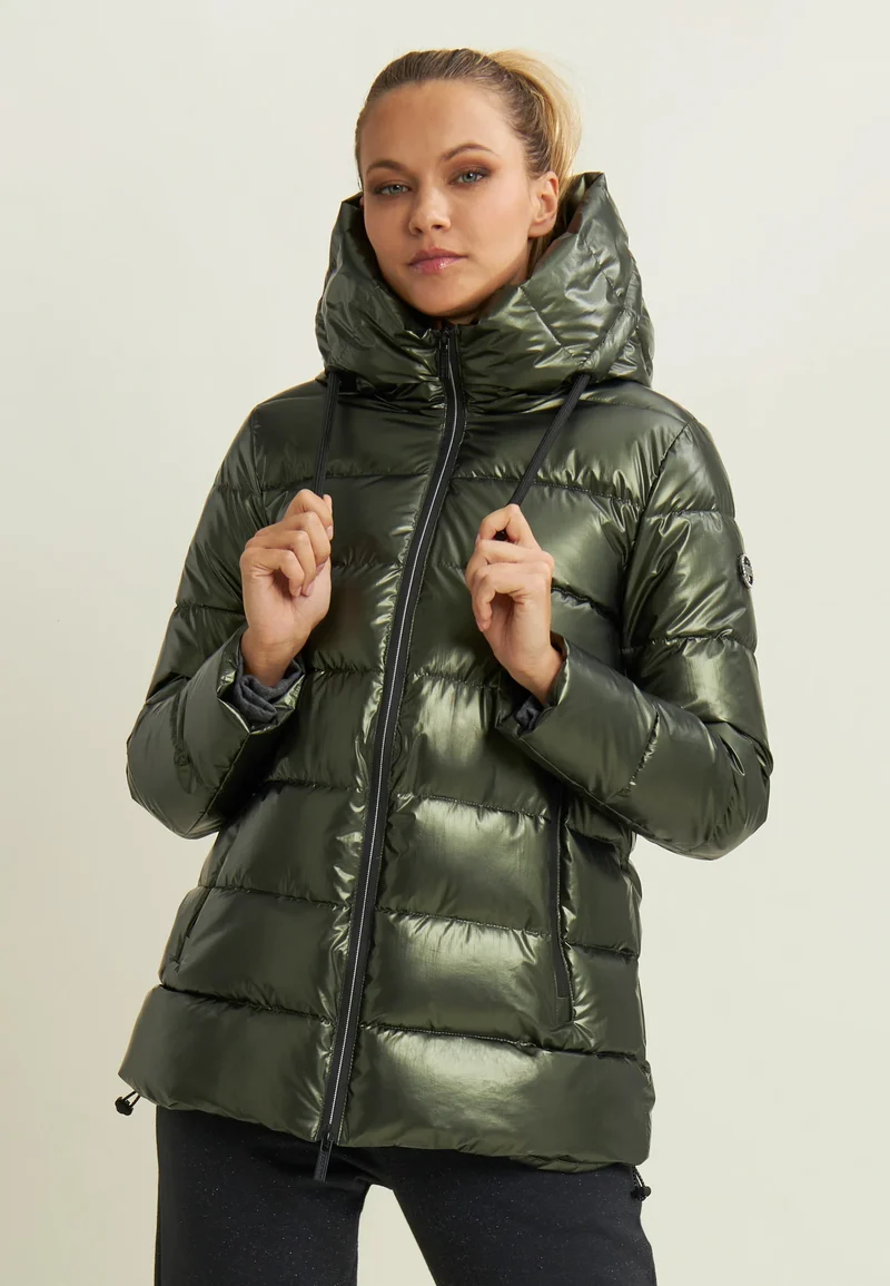 Women's glossy down jacket with protective hood and drawstring - Rosin Green