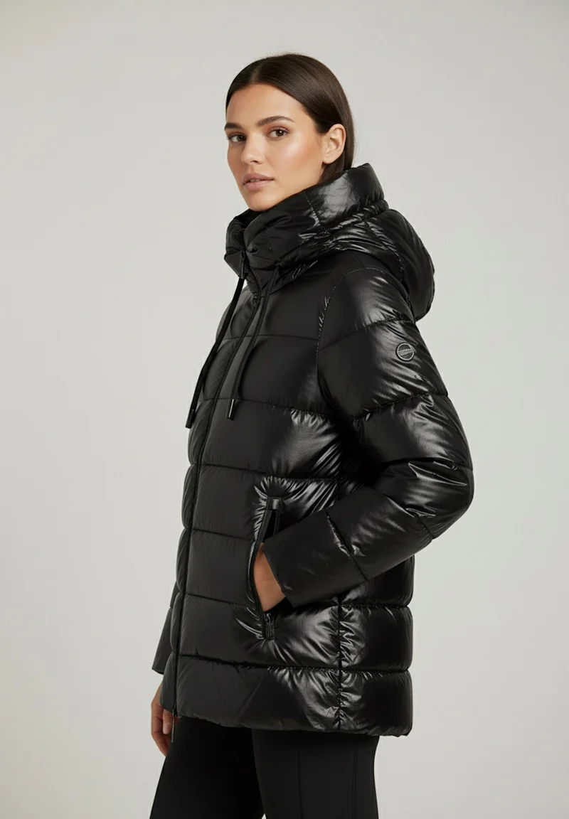 Women's glossy down jacket with protective hood and drawstring - Black