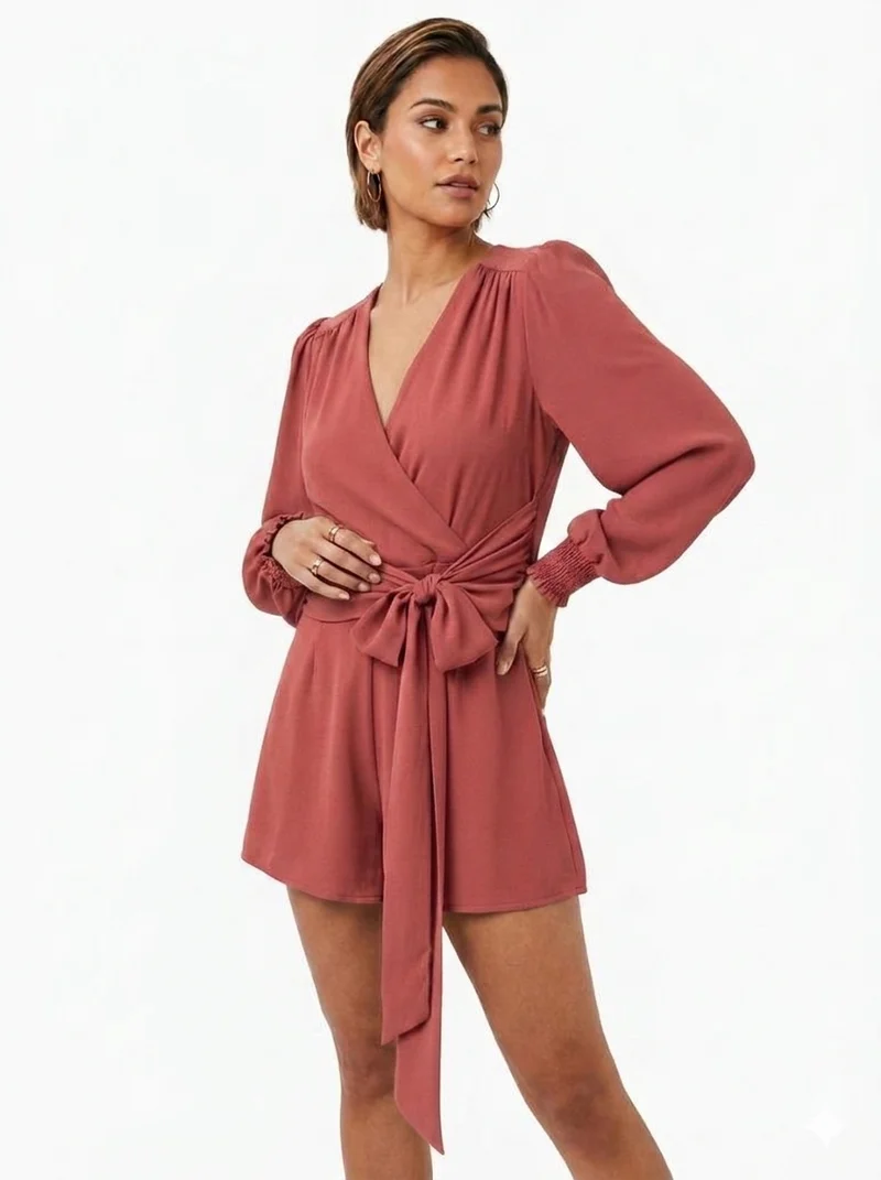 Rust V Neckline Belted Playsuit