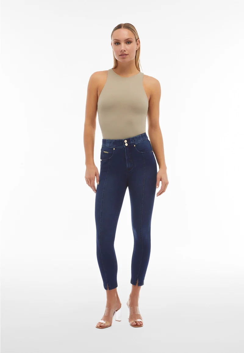 N.O.W. Comfort High Waist Skinny 7/8 Denim Jeans With Front Seam and Split Detail - Denim Dark Blue - Blue Seam