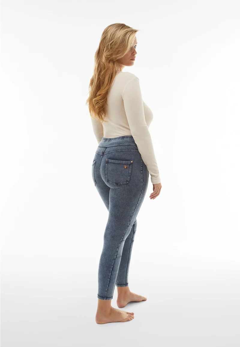 N.O.W. Yoga Mid Waist Skinny 7/8 Denim Jeans With Knee Patches - Denim Medium Blue - Blue Seam