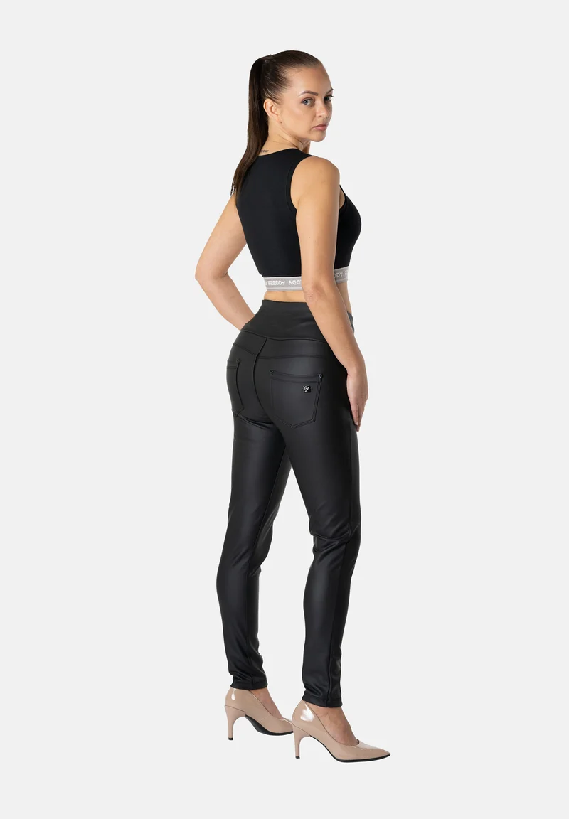 N.O.W. Yoga High Waist Skinny Vegan Leather Pant With Crossed Waist Band - Black