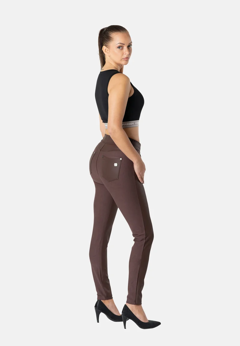 N.O.W. Comfort Mid Waist Skinny Pant With Vegan Leather Pant Front - French Roast Brown