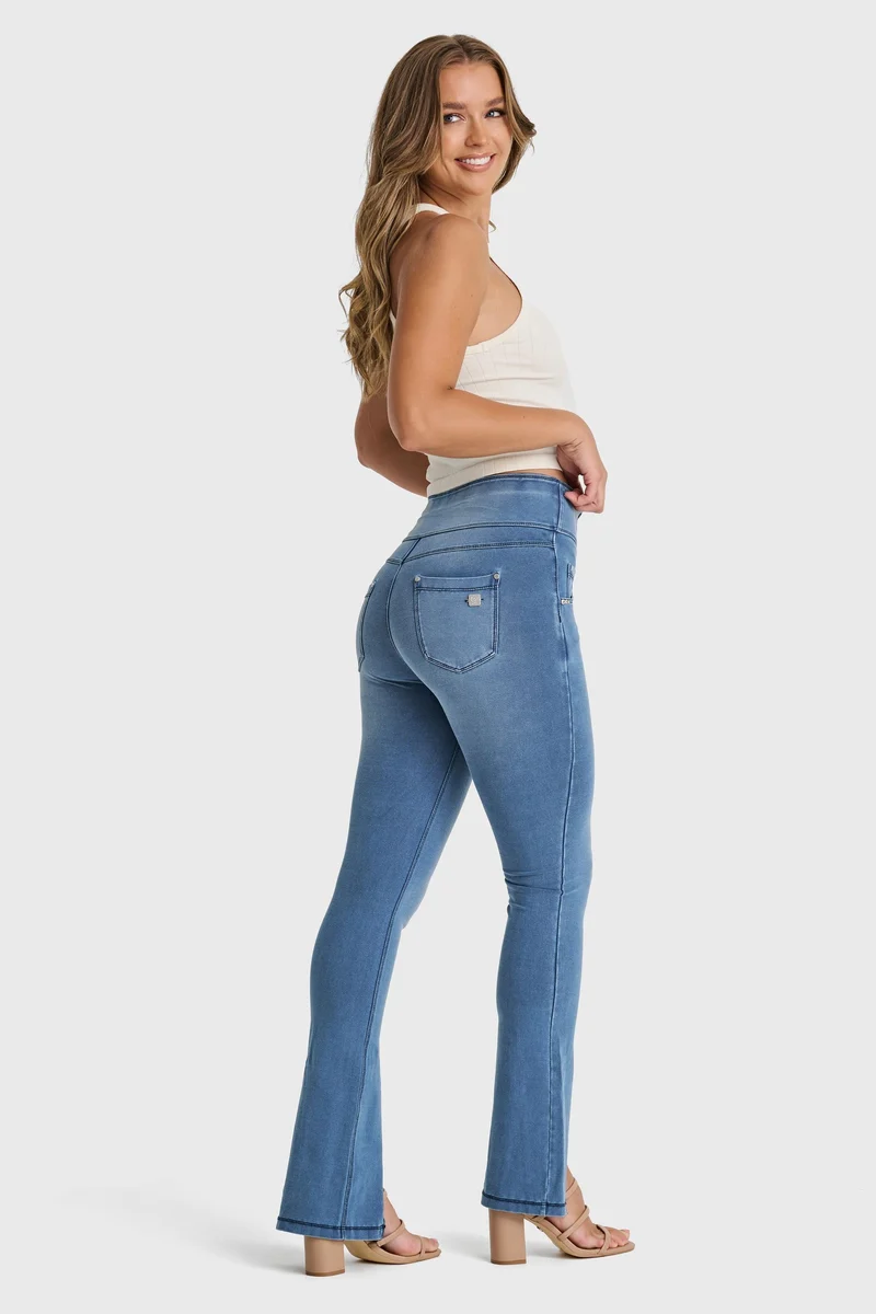 N.O.W. Yoga High Waist Wide Cropped Denim Jeans With Front Seam and Split - Denim Light Blue - Blue Seam