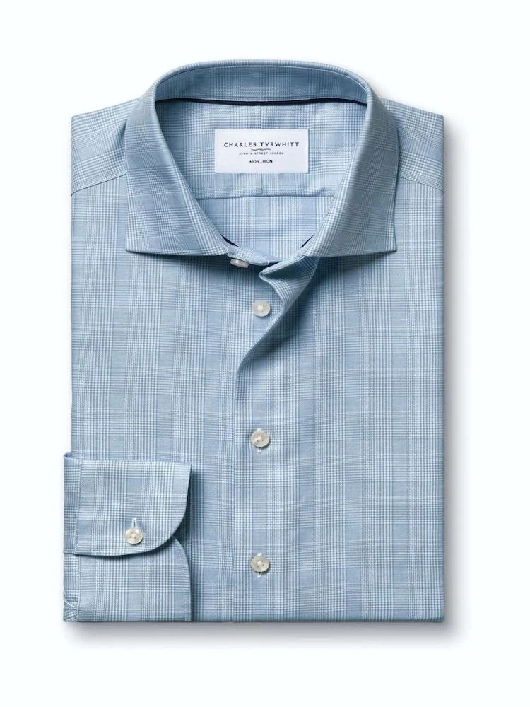 Non-Iron Cotton Linen Prince Of Wales Extra Slim Fit Shirt - Mid Blue