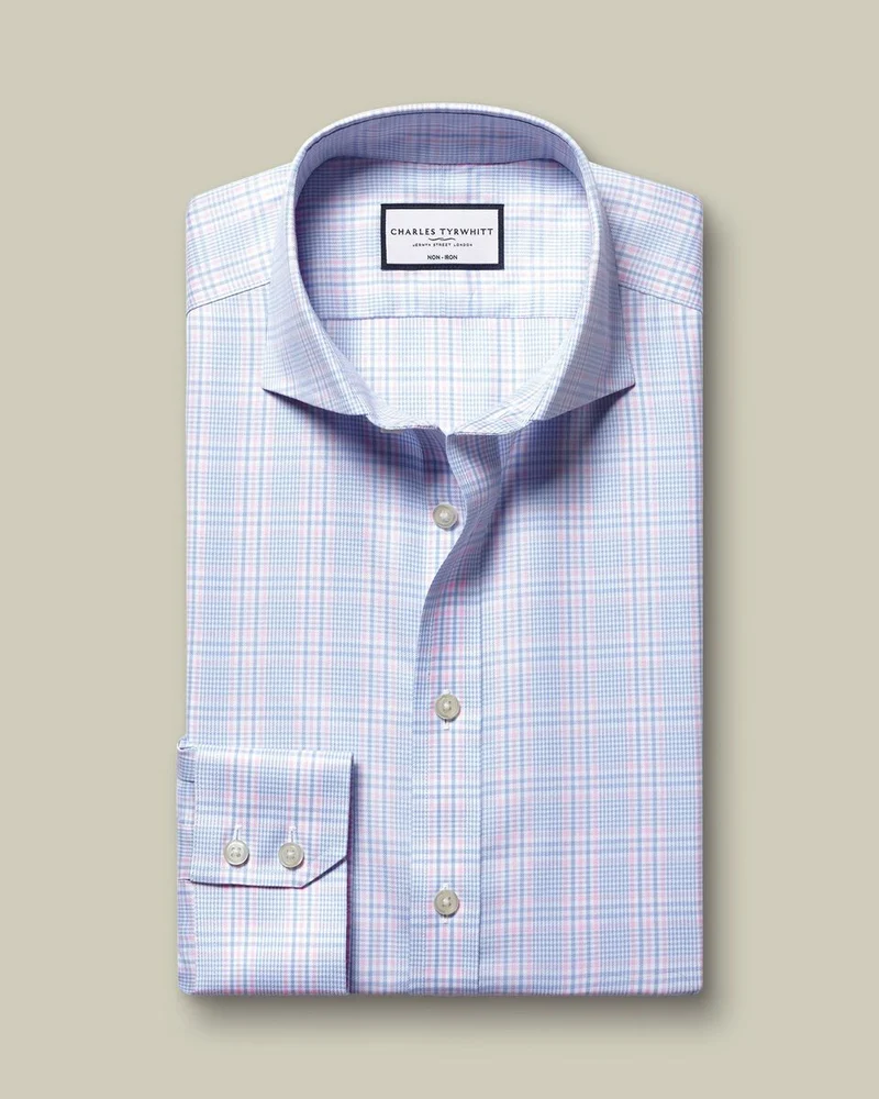 Classic Collar Non-Iron Twill Prince of Wales Slim Fit Shirt - Sky Blue & Pink