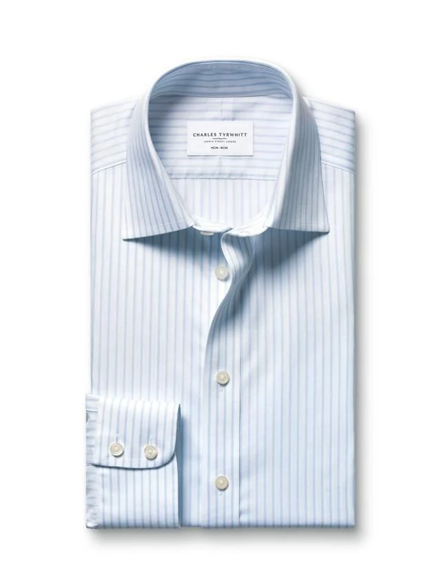 Classic Collar Non-Iron Stripe Cotton Twill Slim Fit Shirt - Light Blue