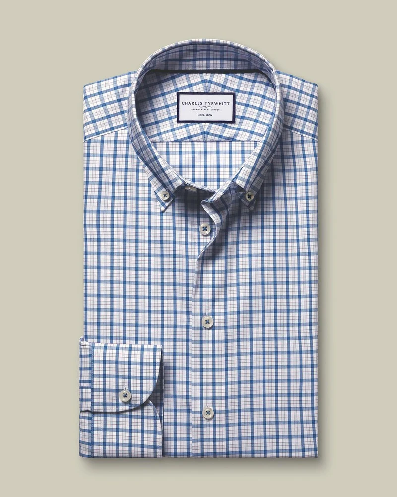 Button-Down Collar Non-Iron Stretch Pinpoint Oxford Check Slim Fit Shirt - Blue