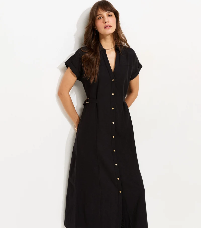 Woven Linen Belted Shirt Dress Black