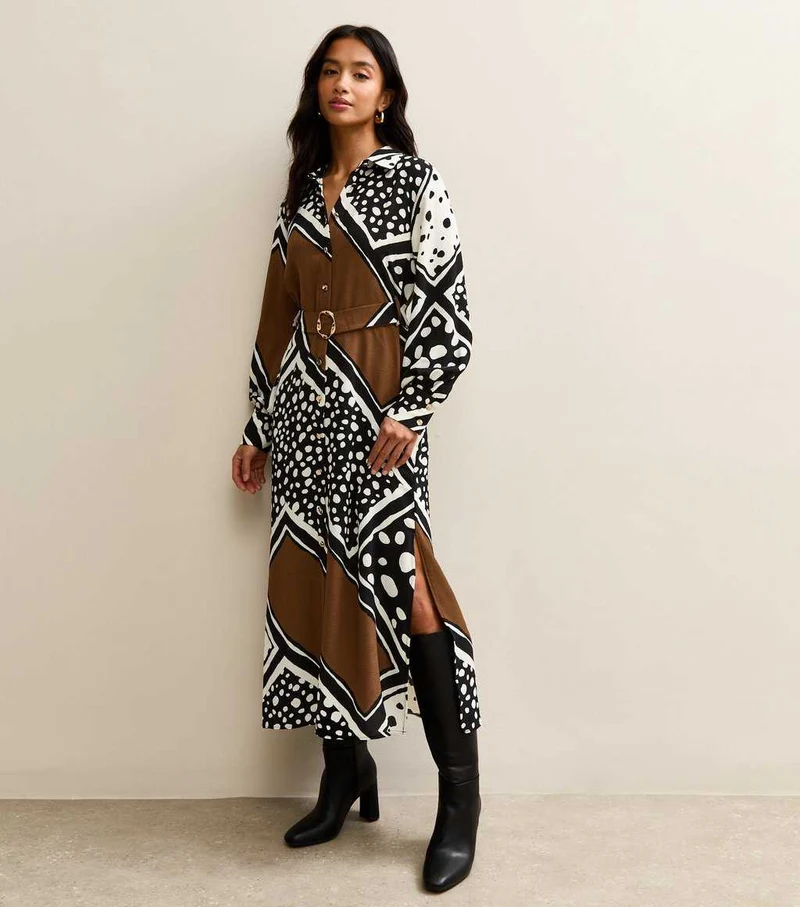 Black Patchwork Print Midi Dress