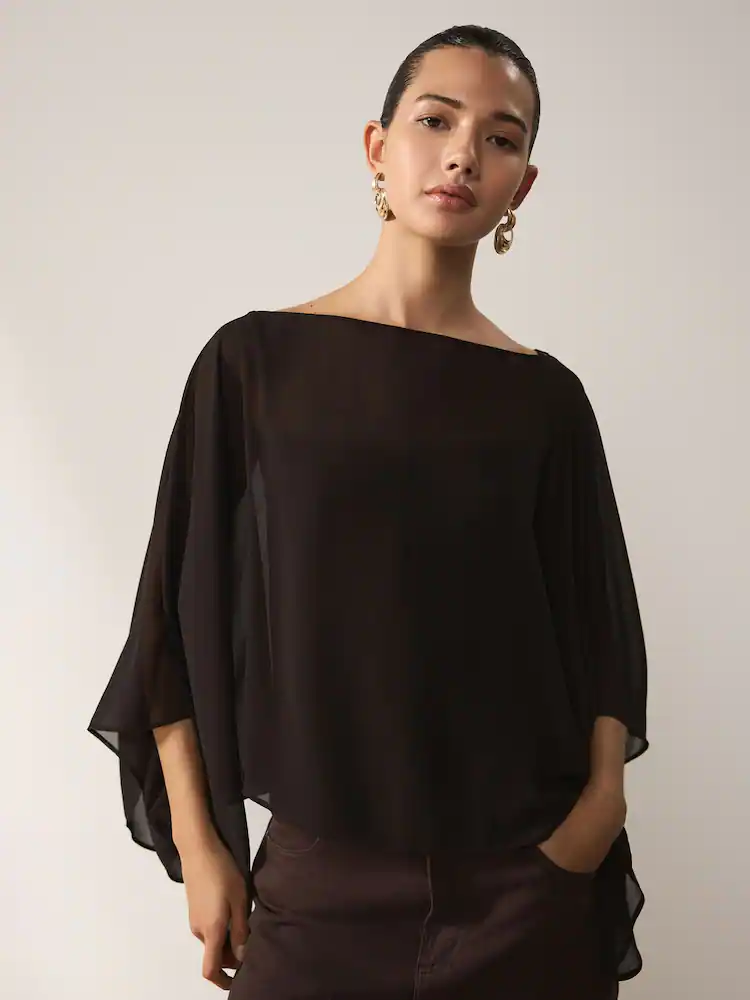 Chocolate Brown Sheer Layer Cape Sleeve Top