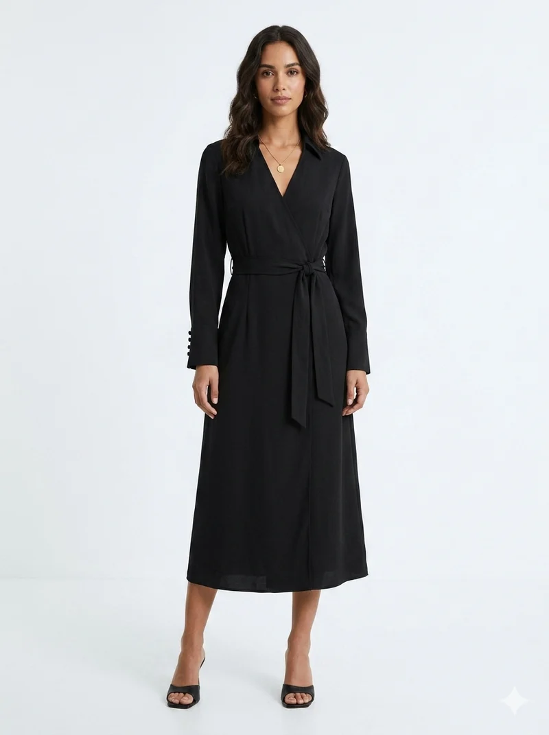 Black Long Sleeve Wrap Midi Dress