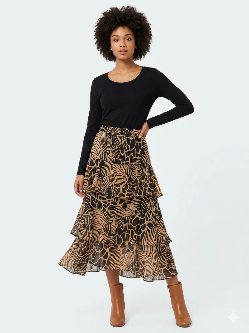 Multi-Tiered Animal Print Maxi Skirt