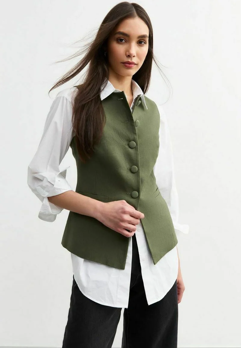 Crew Neck Linen Blend Khaki Green Waistcoat