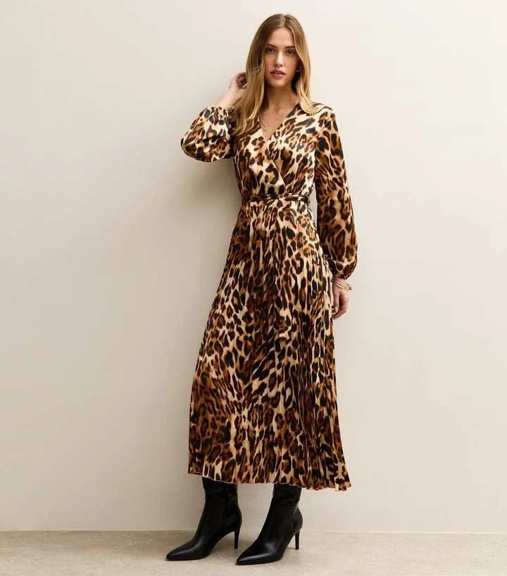Brown Animal Print Satin Pleated Wrap Midi Dress