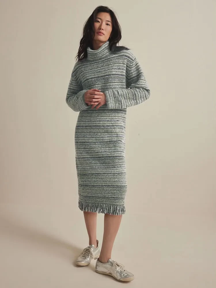 Green Khaki Olive Relaxed Fit Spacedye Roll Neck Midi Fringe Knitted Jumper Dress