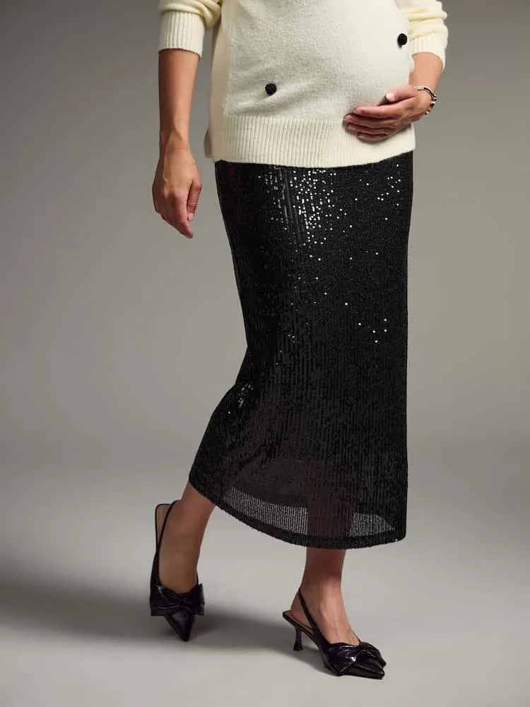 Black Maternity Sequin Skirt