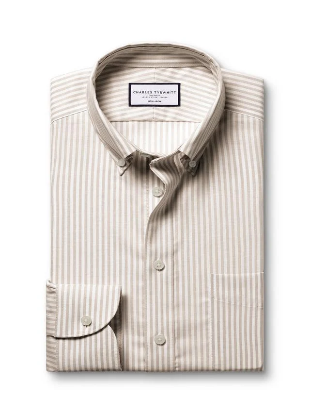 Button-Down Non-Iron Stretch Oxford Stripe Slim Fit Shirt - Taupe