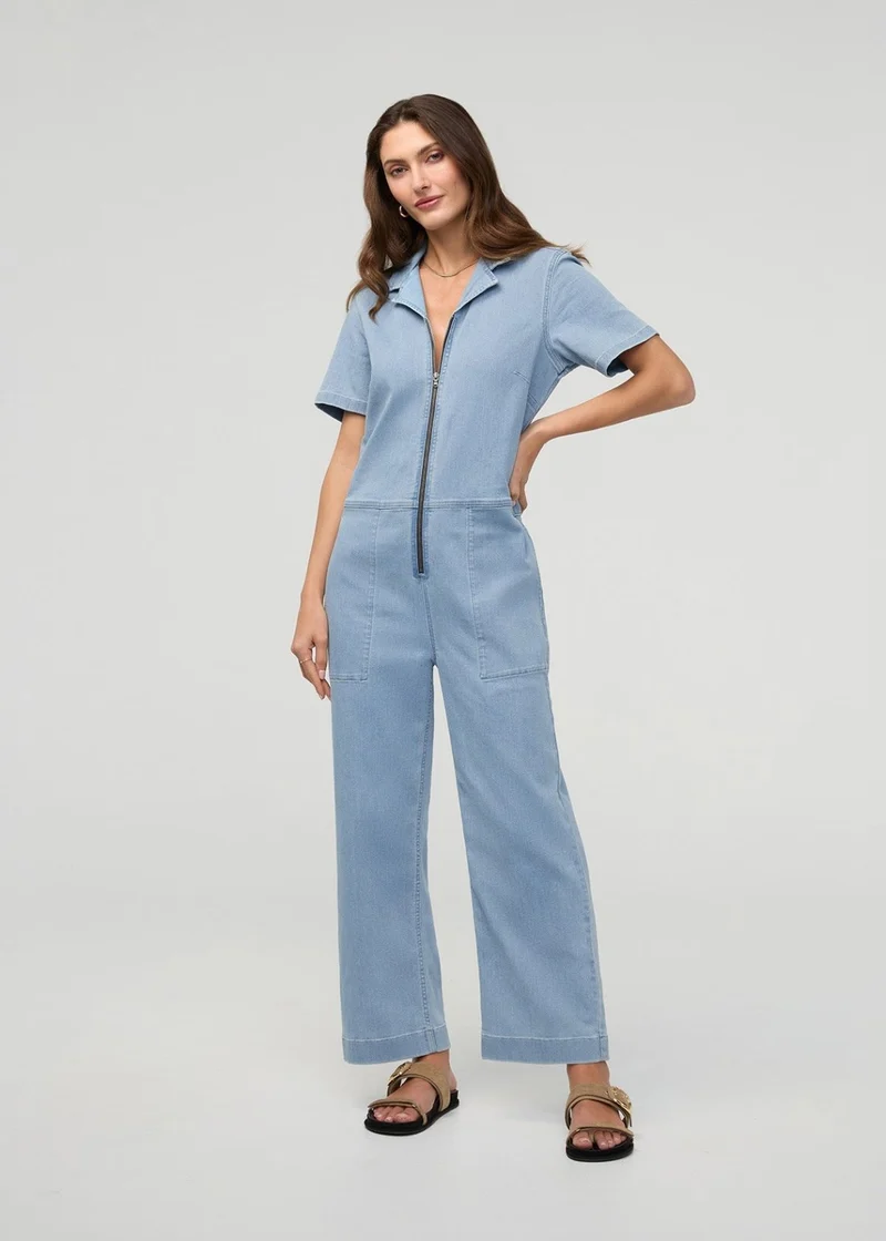 Performance Denim Short Sleeve Jumpsuit - Desert Blue