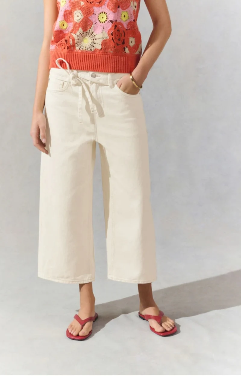 Ecru Tie-Waist Cropped Wide Leg Jeans