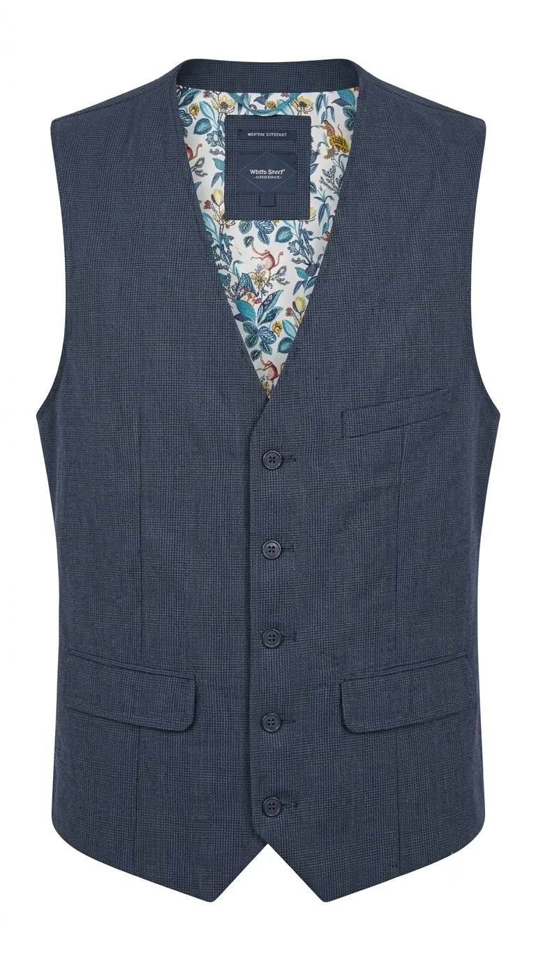 Botanical Floral Print Lining Blue Textured Tailored Waistcoat