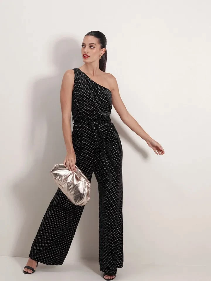 Petite Velvet Finish Embellished One Shoulder Basic Jumpsuit